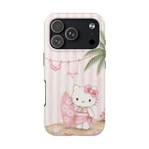 Funda para móvil con forma de tabla de surf de Hello Kitty / Gato playero adorable, rayas rosas imagen 9