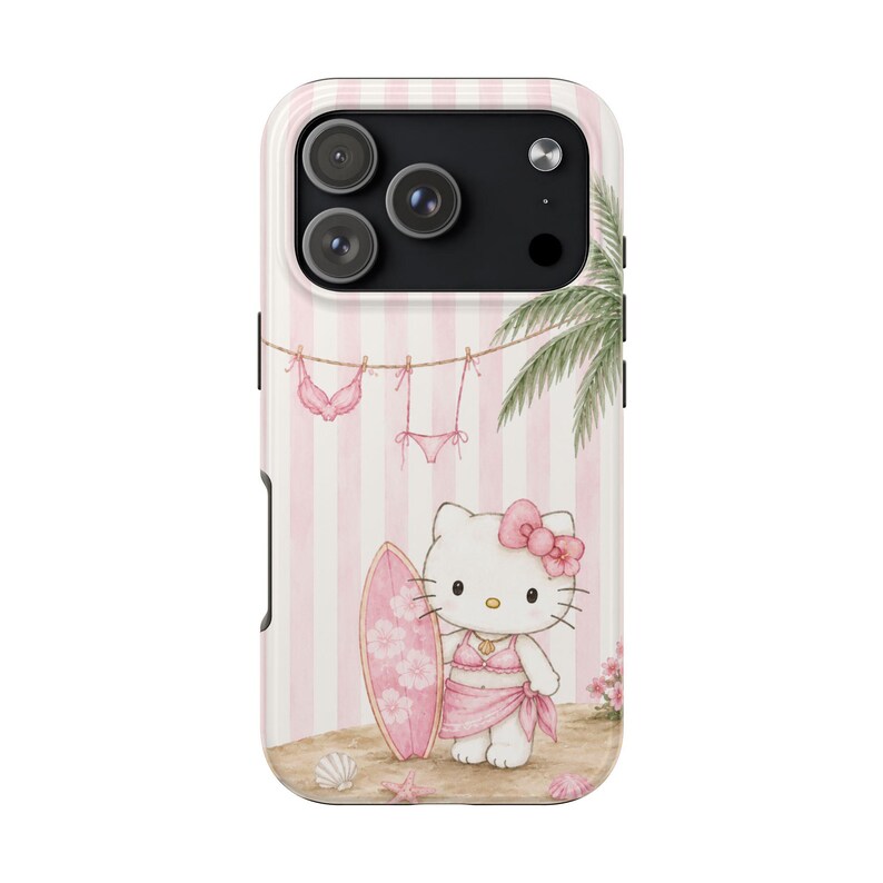 Funda para móvil con forma de tabla de surf de Hello Kitty / Gato playero adorable, rayas rosas imagen 9