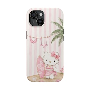 Funda para móvil con forma de tabla de surf de Hello Kitty / Gato playero adorable, rayas rosas imagen 1