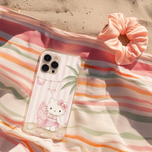 Funda para móvil con forma de tabla de surf de Hello Kitty / Gato playero adorable, rayas rosas imagen 6