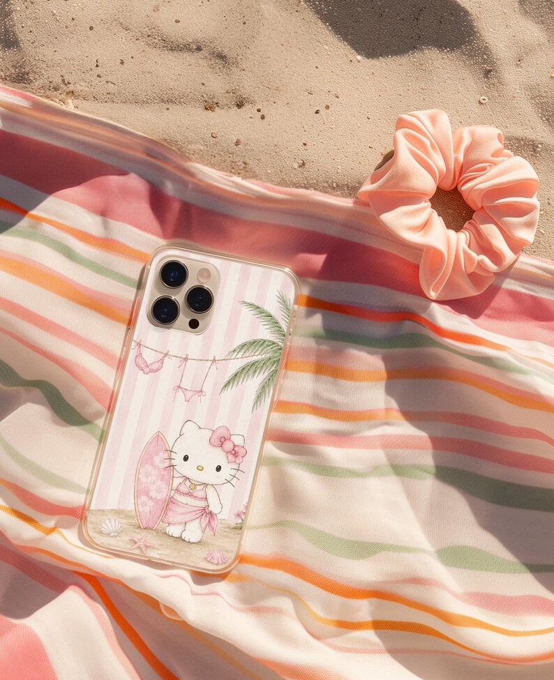 Funda para móvil con forma de tabla de surf de Hello Kitty / Gato playero adorable, rayas rosas imagen 6