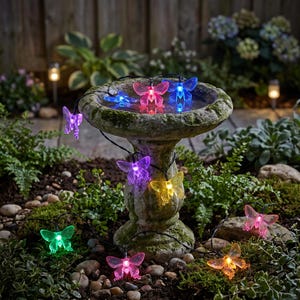 Pode incluir: Um fio de luzes LED com coberturas translúcidas em forma de borboleta em várias cores, incluindo rosa, azul, roxo, amarelo e verde. As luzes estão dispostas sobre um banho de pássaros de pedra desgastada, com cada borboleta a brilhar.