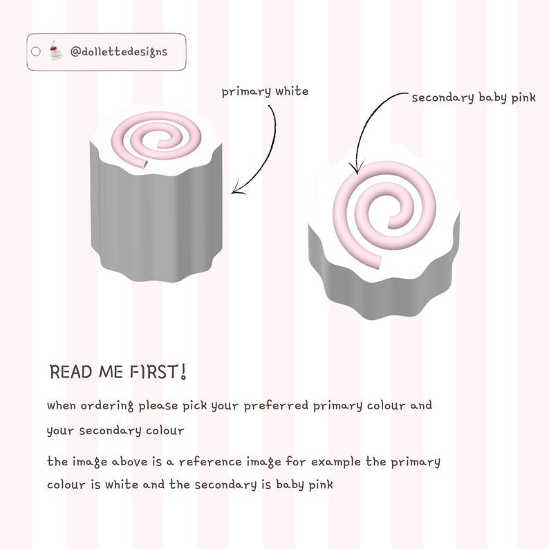 Peut inclure: Deux objets cylindriques &agrave; bords festonn&eacute;s, pr&eacute;sentant une couleur primaire blanche et une couleur secondaire rose b&eacute;b&eacute; en spirale. Le texte inclut @dollettedesigns, primary white, secondary baby pink et READ ME FIRST! avec des instructions.