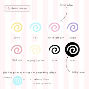 Peut inclure: Un nuancier pr&eacute;sentant huit ic&ocirc;nes en spirale en jaune, bleu, rose clair sourd, violet, rose clair, beige, noir et blanc. Le texte inclut @dollettedesigns, listing colour, et un exemple montrant comment choisir les couleurs primaire et secondaire.