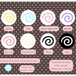 May include: A color selection chart featuring eight circular icons with spiral designs in yellow, blue, muted light pink, purple, light pink, beige, black, and white. The chart includes text instructions for selecting primary and secondary colors.