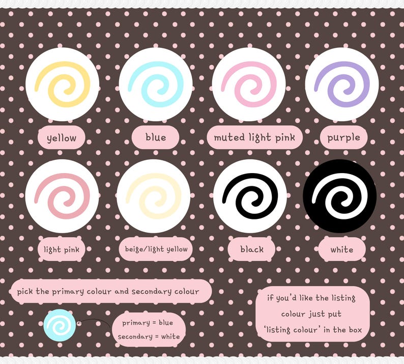 May include: A color selection chart featuring eight circular icons with spiral designs in yellow, blue, muted light pink, purple, light pink, beige, black, and white. The chart includes text instructions for selecting primary and secondary colors.