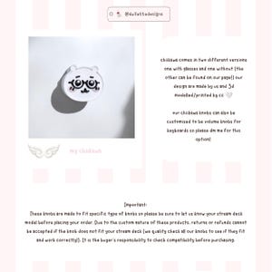 May include: A white, circular knob featuring a 3D-printed character face with black glasses, large eyes, and a small mouth. The design includes pink accents on the cheeks. The text @dollettedesigns and my chiikawa are visible on the page.