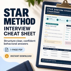 Könnte beinhalten: Ein STAR-Methoden-Spickzettel für Vorstellungsgespräche auf einem Klemmbrett mit Stift. Das Dokument enthält Abschnitte mit den Titeln STAR Interview Answer Cheat Sheet, Use this structure, Simple STAR script, Common questions und Mini STAR story bank.