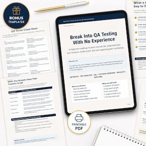 Pode incluir: Um pacote de produtos digitais para testes de QA, com um tablet exibindo "Break Into QA Testing With No Experience". Inclui PDF imprimível, modelos de bônus e uma caneta. Cobre noções básicas de QA, análise de testes e muito mais.