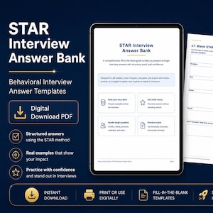 Könnte beinhalten: Ein digitales PDF mit dem Titel "STAR Interview Answer Bank" mit Vorlagen für Verhaltensinterview-Antworten. Das Bild zeigt ein Tablet mit der Anleitung, eine leere Antwortseite und Symbole für strukturierte Antworten, reale Beispiele und Übungen.