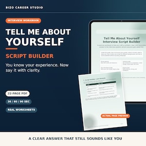 Peut inclure: Un cahier d'exercices d'entretien au format PDF de 22 pages intitulé Tell Me About Yourself Script Builder par Bizo Career Studio. Le document numérique présente une tablette affichant l'interface et un aperçu de page avec un tableau.