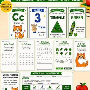 以下が含まれることがあります： 「Week 3 Learning Center Focus」と題された教育用プリント集。文字C、数字3、三角形、緑色に関するワークシートが含まれています。なぞり書き練習、スキル評価シート、カラフルなイラストが掲載されています。