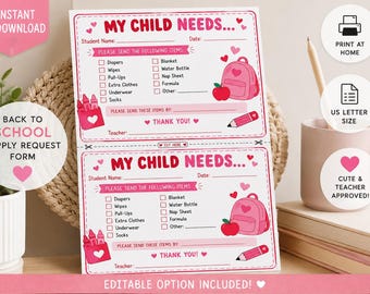 My Child Needs Form | Daycare Supply Request Form | Preschool Parent Communication Note | Childcare Printable | Instant Download PDF