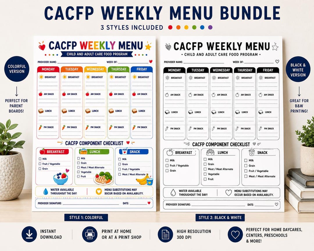 CACFP Weekly Menu Template Printable | Daycare Food Program Menu ...