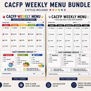 CACFP Weekly Menu Template Printable | Daycare Food Program Menu | Child Care Meal Planner | Preschool Menu Board | Home Daycare Forms PDF