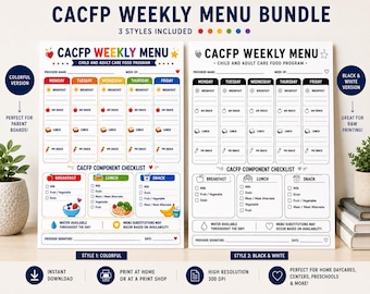 CACFP Weekly Menu Template Printable | Daycare Food Program Menu | Child Care Meal Planner | Preschool Menu Board | Home Daycare Forms PDF
