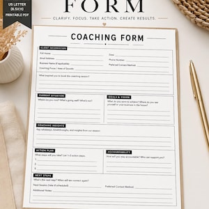 Może przedstawiać: Drukowany formularz coachingowy w formacie US letter z czarnym tekstem na białym tle. Dokument zawiera ustrukturyzowane sekcje dotyczące informacji o kliencie, obecnej sytuacji, celów, wizji, spostrzeżeń oraz planu działania.