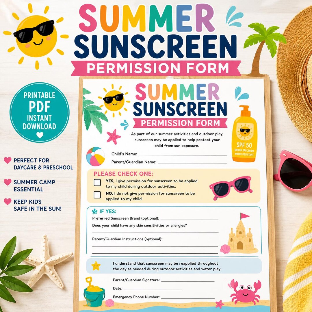 Sunscreen Log Summer Sunscreen Permission Form | Daycare, Preschool, Camp (digital ...