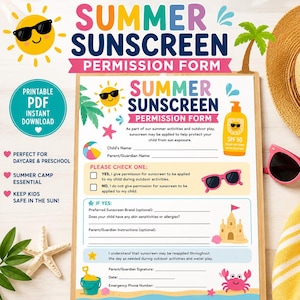 Può includere: Un modulo di autorizzazione per la protezione solare estiva stampabile con le parole "Summer Sunscreen Permission Form" in grandi lettere colorate. Il modulo include spazi per il nome del bambino, il nome del genitore/tutore e le opzioni di autorizzazione.