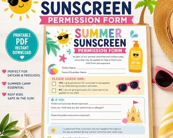 Summer Sunscreen Permission Form | Daycare, Preschool, Camp (Digital Download)