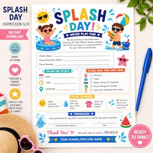Può includere: Un modulo di consenso stampabile "Splash Day" con illustrazioni colorate di bambini che giocano in acqua. Il modulo include sezioni per i dettagli del bambino, le informazioni sull'evento e un elenco di controllo degli articoli da portare. Il design è giocoso.