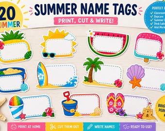 Summer Name Tags Bundle | Printable Classroom Labels | Daycare Desk Name Tags | Summer Camp Name Cards | Instant Download PDF