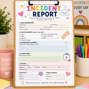 Puede incluir: Un portapapeles con un formulario de "INFORME DE INCIDENTE", con secciones para la información del niño, los detalles del incidente y las acciones tomadas. El formulario tiene acentos coloridos, incluyendo corazones, estrellas y una ilustración de vendaje. La frase "TEACH LOVE INSPIRE" en una taza rosa.