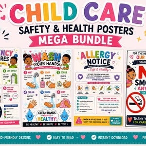 May include: Child care safety and health posters mega bundle. Includes 4 posters with bright, kid-friendly designs. Posters include emergency procedures, hand washing instructions, allergy notice, and a no smoking sign.