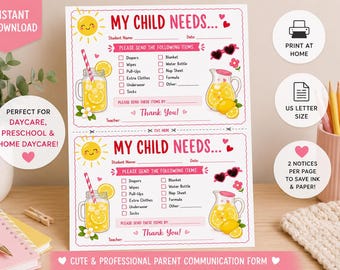 Summer My Child Needs Form | Daycare Supply Request Notice | Preschool Parent Communication Form | Lemonade Theme Printable | Instant Downlo