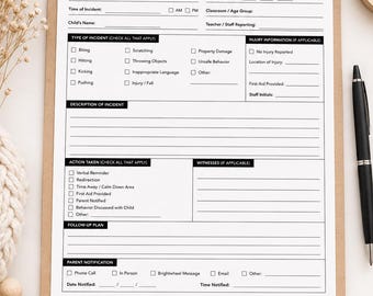 Daycare Incident Report Form Printable PDF | Childcare Incident Documentation | Preschool Behavior Report | Licensing Friendly Form