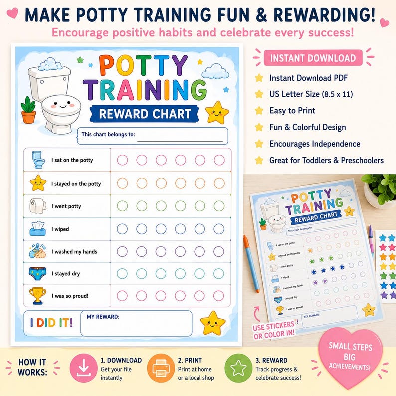 Potty Training Reward Chart Printable | Toddler Potty Training Chart ...