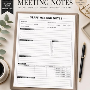 May include: A printable US letter 8.5x11 inch staff meeting notes template on a clipboard. The document includes sections for meeting purpose, agenda, discussion, key points, attendees, decisions, outcomes, action items, and notes with checkboxes.