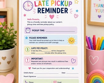 Late Pickup Reminder Printable | Daycare, Preschool Policy Form (Instant Download)