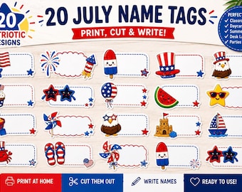 July Name Tags Printable | Patriotic Name Tags for Classroom | 4th of July Desk Name Labels | Summer Camp Name Tags | Editable Classroom Dec