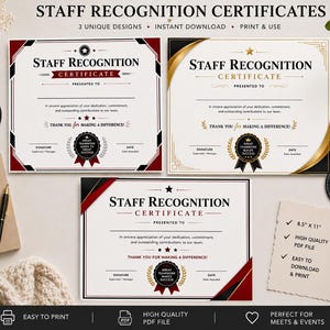 Puede incluir: Tres plantillas de certificados de reconocimiento al personal con el texto STAFF RECOGNITION CERTIFICATE, PRESENTED TO y THANK YOU FOR MAKING A DIFFERENCE. Los diseños incluyen acentos en negro, rojo y dorado con bordes y sellos.