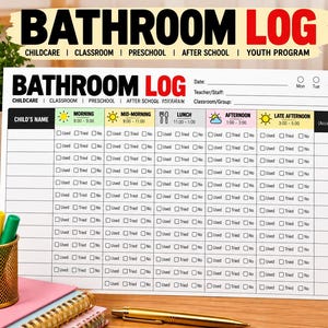 Op de afbeelding: Een wit papieren badkamerlogboekblad met een raster voor het bijhouden van het toiletgebruik van kinderen gedurende de dag. De koptekst bevat de tekst BATHROOM LOG en secties voor datum, leraar en klas. Kolommen bevatten ochtend, ochtend, lunch, middag en late middag met selectievakjes voor gebruikt, geprobeerd of nee, plus een notitiekolom.