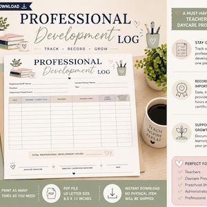 May include: A professional development log template printed on white paper, featuring a table with columns for date, training title, provider, topic, hours earned, and certificate status. The document includes fields for employee name, position, and school name.