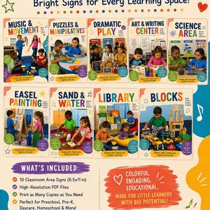 Puede incluir: Un conjunto de 10 carteles para áreas de aula que miden 21,6x27,9 cm, con ilustraciones coloridas de niños participando en actividades como música, rompecabezas, juegos dramáticos, arte, escritura, ciencia, pintura, arena, agua, biblioteca y bloques.