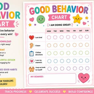 May include: A brightly coloured good behaviour chart for children, with a pink background and cheerful illustrations. The chart includes sections for tracking positive actions and rewards, with the text "Good Behaviour Chart".