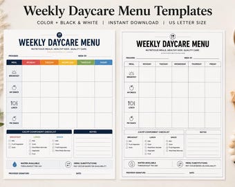 Weekly Daycare Menu Template | CACFP Menu Planner | Child Care Food Program Menu | Daycare Meal Planning Sheet | Printable Daycare Form