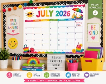 July 2026 Printable Calendar | Rainbow Summer Calendar for Kids | Classroom Calendar | Homeschool Planner | Daycare Printable | Instant