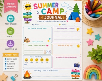 Summer Camp Journal Printable | Kids Activity Sheet, Memory Reflection Worksheet (Digital Download)