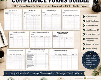Daycare Licensing & Compliance Forms Bundle | 10 Printable Childcare Logs | Cleaning Log, Fire Drill Log, Medication Log, Inspection Forms P