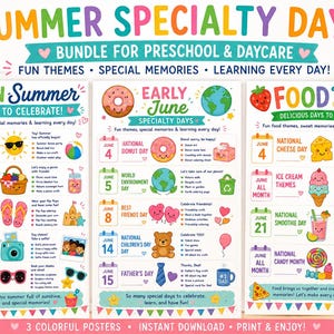 Può includere: Poster colorati per la scuola materna e l'asilo nido, che evidenziano le giornate speciali estive. I poster presentano temi divertenti, ricordi speciali e opportunità di apprendimento, con illustrazioni di ciambelle, gelati e altro.