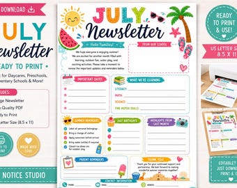 July Newsletter Template for Daycare | Preschool Monthly Newsletter Printable | Summer Parent Communication Letter | Childcare Newsletter PD