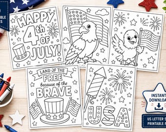 4th of July Coloring Pages Printable Bundle | Independence Day Activity Sheets | Patriotic Kids Coloring Book | Preschool PDF | 5 Pages