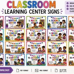 May include: A set of 20 classroom learning center signs featuring colorful illustrations of children engaged in various activities. Each rectangular sign includes a bold title, such as Reading, Math, or Science, and a small descriptive text box.