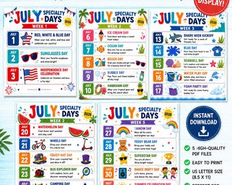 July Specialty Days Bundle for Preschool & Daycare | 5 Weeks of Summer Theme Days | July Classroom Calendar | Summer Camp Activity Posters