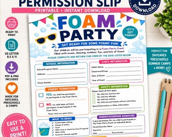 Foam Party Permission Slip Printable | Summer Camp Permission Form | Daycare Foam Party Event Form | Preschool Water Play Permission Slip PD