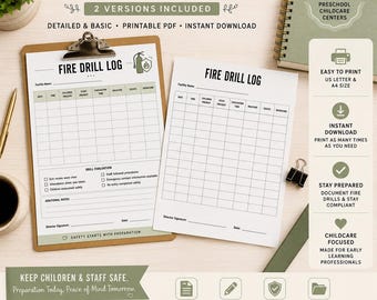 Fire Drill Log for Daycare | Childcare Emergency Preparedness Form | Preschool Safety Record | Printable PDF | Instant Download